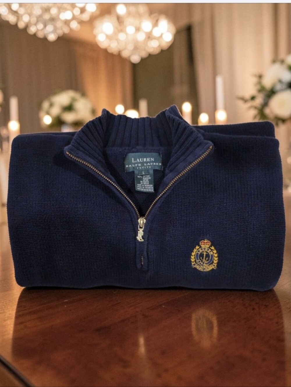 Lauren Ralph Lauren Women's Navy Half-Zip Sweater with Embroidered Crest Size-L